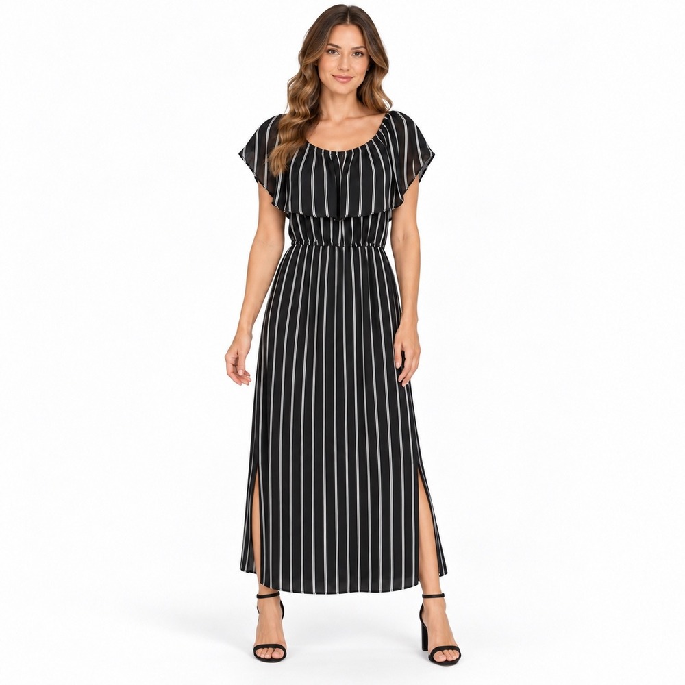 Minx Black White Striped Off Shoulder Ruffle Maxi Dress Small